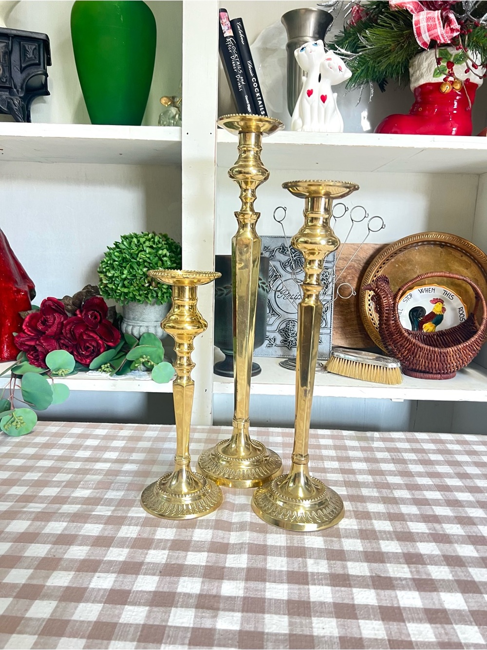 Brass candle stick holders graduated large Hollywood regency decor grandma core